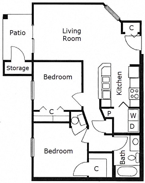 2 Bed 1 Bath Floor Plan at Rosillo Creek Apartments, San Antonio, Texas