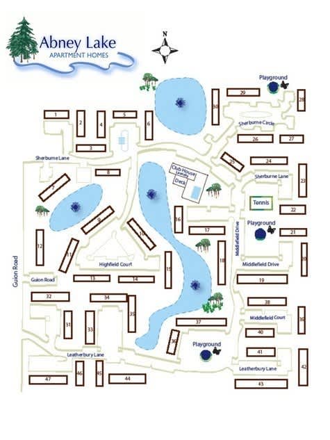 A map of Abney Lake Apartment Homes with various labeled areas and paths.