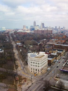 an aerial view of a city with a city skyline