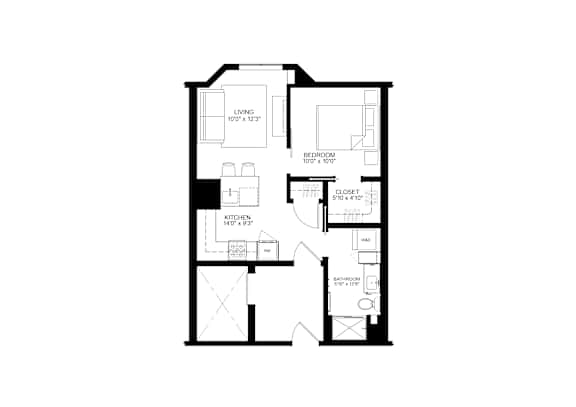 A floor plan of a house with a living room, kitchen, and two bathrooms.