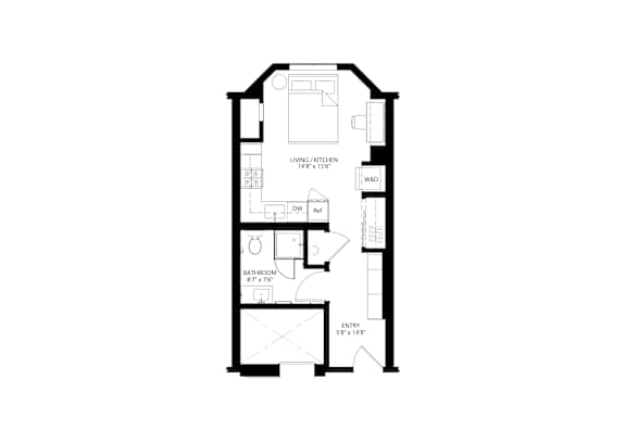 A floor plan of a house with a living room, dining room, kitchen, bathroom, and entry.