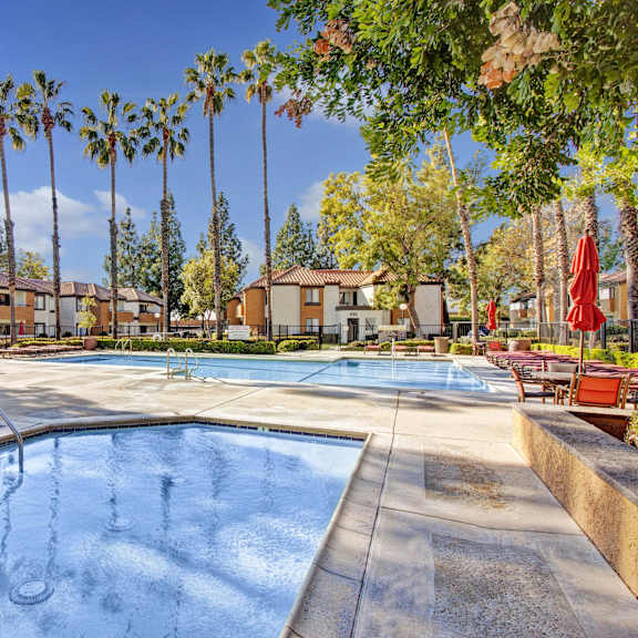 The crystal blue pool and hot tub surrounded by pool chairs and palm trees at Castlepark Apartments. 