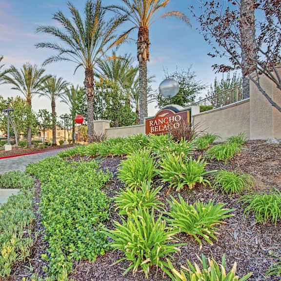 The front sign of Rancho Belago with palm trees and plants. 