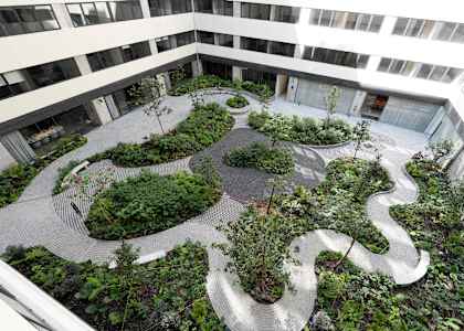 A courtyard with a circular garden and a winding path.