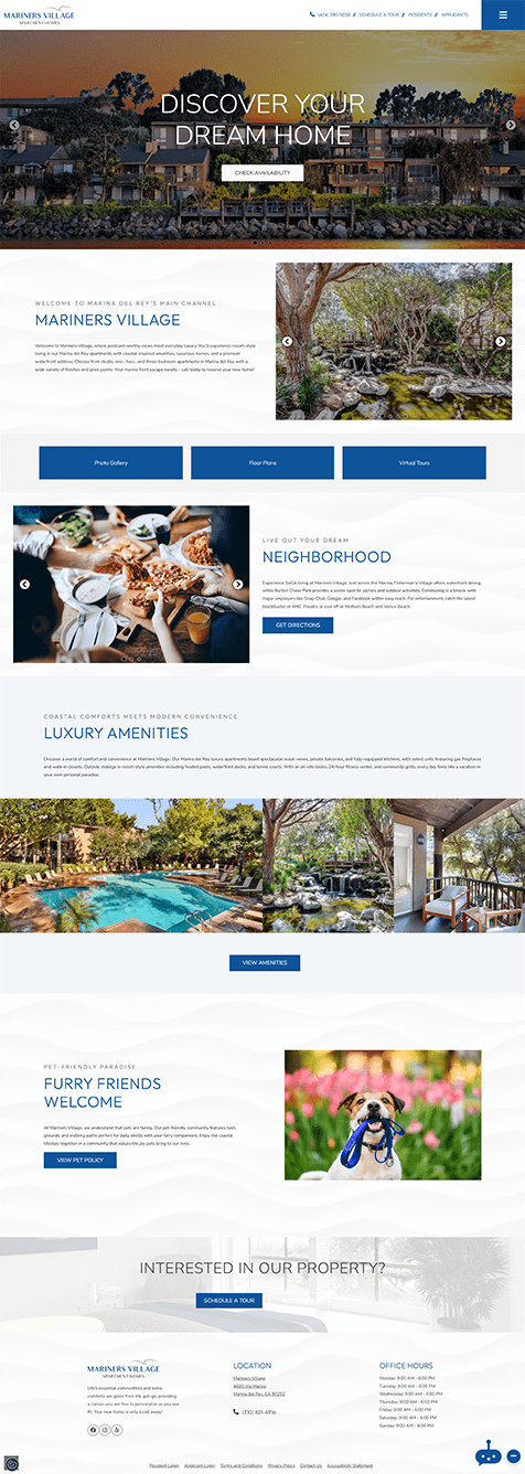 A webpage showcasing various aspects of a property, including a neighborhood view, amenities, and a section inviting interest in the property.