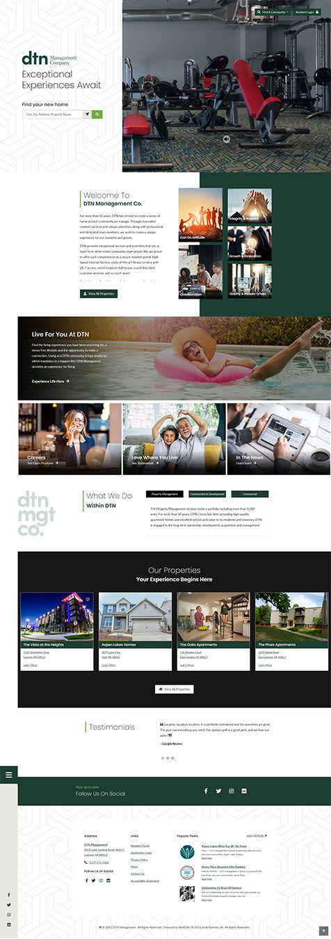 A webpage with various sections including a green banner at the top, a section with a red chair and a person, and a section with a green background and white text.