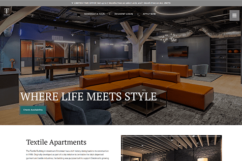 A webpage showcasing various living spaces and contact information.