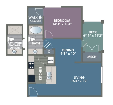 Asheville 1 Bedroom 1 Bath Floor Plan at Abberly at Southpoint Apartment Homes by HHHunt, Fredericksburg, VA