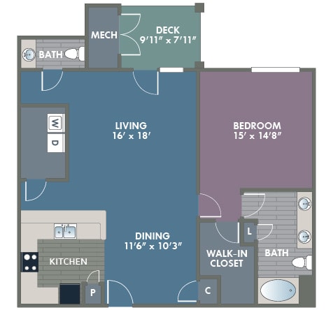 Charleston  1 Bedroom 1.5 Bath Floor Plan at Abberly at Southpoint Apartment Homes by HHHunt, Fredericksburg, 22407