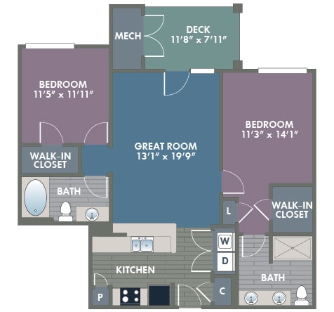 Charlotte 2 Bedroom 2 Bath Floor Plan at Abberly at Southpoint Apartment Homes by HHHunt, Fredericksburg, 22407