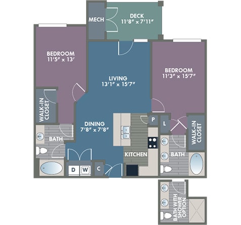 New Orleans 2 Bedroom 2 Bath Floor Plan at Abberly at Southpoint Apartment Homes by HHHunt, Virginia
