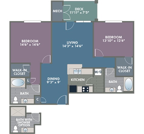 Norfolk 2 Bedroom 2 Bath Floor Plan at Abberly at Southpoint Apartment Homes by HHHunt, Fredericksburg, Virginia