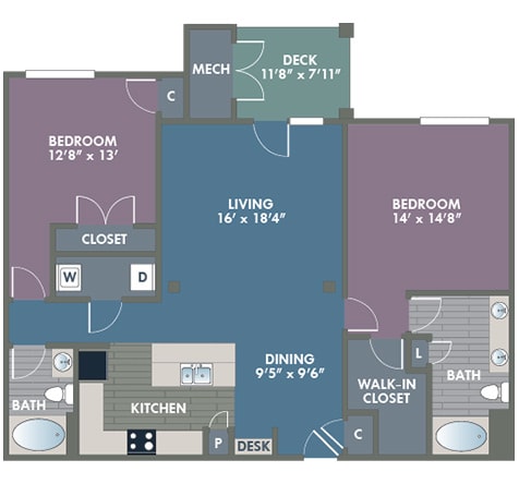 Richmond 2 Bedroom 2 Bath Floor Plan at Abberly at Southpoint Apartment Homes by HHHunt, Fredericksburg, VA
