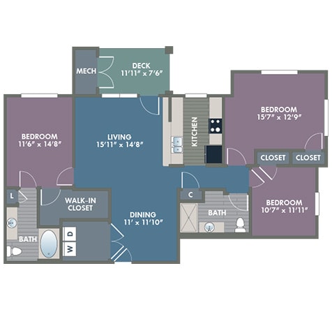 Tuscaloosa Type-A 3 Bedroom 2 Bath Floor Plan at Abberly at Southpoint Apartment Homes by HHHunt, Virginia, 22407
