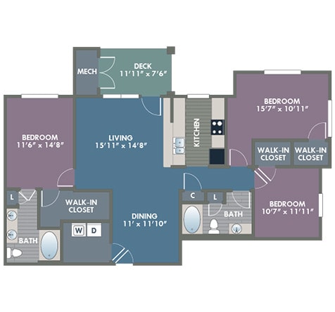 Tuscaloosa Type-B 3 Bedroom 2 Bath Floor Plan at Abberly at Southpoint Apartment Homes by HHHunt, Fredericksburg