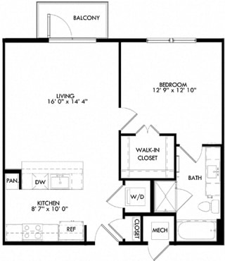 The Bravo Floorplan with 1 Bedroom, 1 Bath, Kitchen with Pantry and peninsula Island and open to the Living Room Area