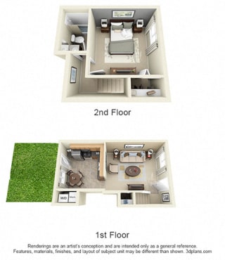 3D Juniper 1 bedroom townhome with yard. 1st floor eat-in kitchen-living-laundry. 2nd floor bedroom-full bath-closet.