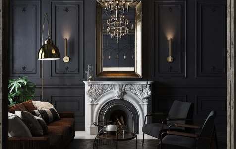 A living room with a fireplace and a chandelier.