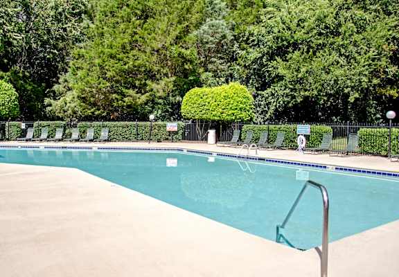 a swimming pool with chairs and trees in the background