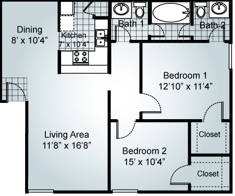2 Bedroom 1.5 Bathrooms Floorplan at Parks on the Green, Temple, TX