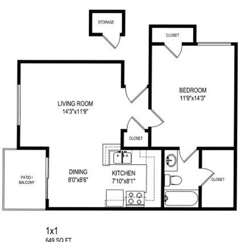 One Bedroom One Bath Floor Plan 649 Sq.Ft. at The Trails at San Dimas, San Dimas, CA