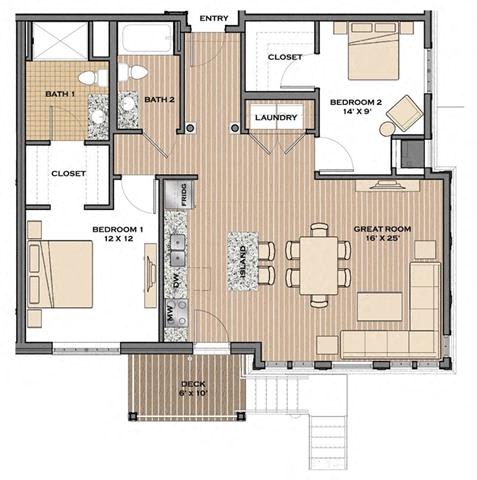 Floor Plan  2 Bed, 2 Bath, 1080 sq. ft. The Square