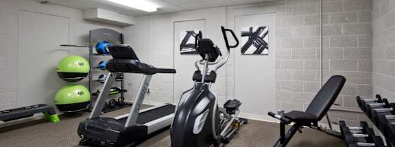 A gym room with a treadmill, exercise bike, and weights.