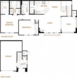 Sonoma - 2 Bedroom 2 Bath Floor Plan Layout - 1108 Square Feet
