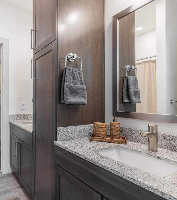 A bathroom with a sink, mirror, and a towel rack.