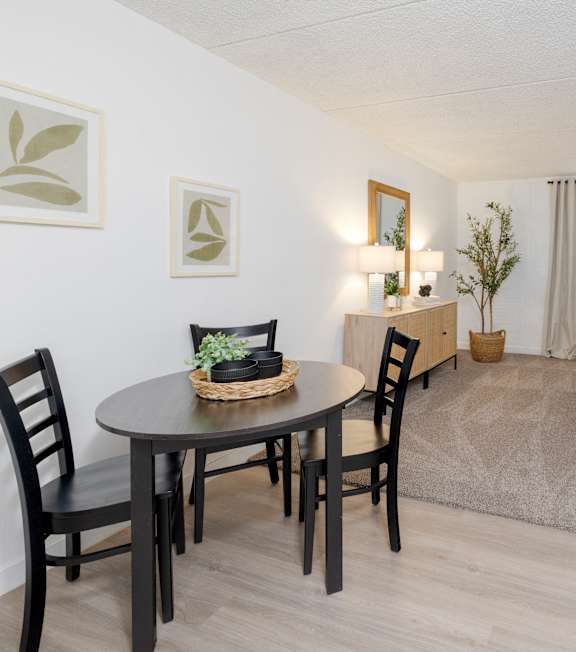 A living room with a brown couch, a round table with chairs, and a rug.