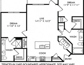 Stillwater with Fenced-in Yard. 2 bedroom apartment. Kitchen with island open to living room. 2 full bathrooms, double vanity in master. Walk-in closet. Patio/balcony open to yard.