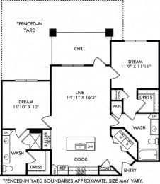 Stillwater with Fenced-in Yard. 2 bedroom apartment. Kitchen with island open to living room. 2 full bathrooms, double vanity in master. Walk-in closet. Patio/balcony open to yard.