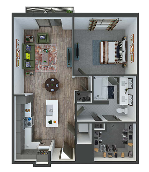 madison 1 bedroom, 1 bath. L-shaped kitchen with pantry, double sink vanity. standalone shower. linen closet. washer/dryer. Patio/Balcony