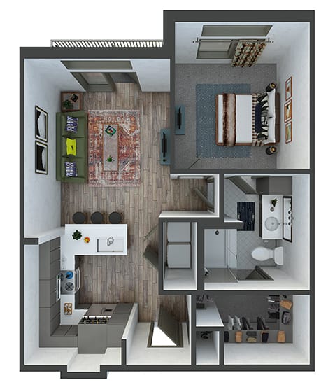 Utopia 1 Bedroom, 1 Bath. Kitchen with Peninsula island. Washer/Dryer. Bath with Standalone Shower. Patio/Balcony