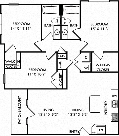 The Joplin. 3 bedroom apartment. Kitchen with island open to living/dinning rooms. 2 full bathrooms. Walk-in closets. Patio/balcony.