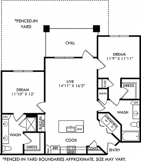 Stillwater with Fenced-in Yard. 2 bedroom apartment. Kitchen with island open to living room. 2 full bathrooms, double vanity in master. Walk-in closet. Patio/balcony open to yard.