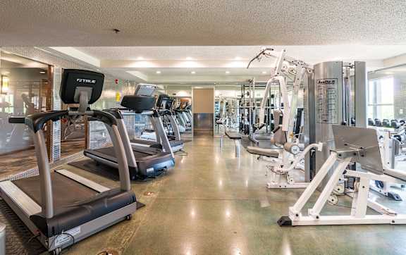 the gym with plenty of windows and cardio equipment at The Falls, Mission, KS, 66202