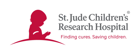 A logo for St. Jude Children's Research Hospital with a silhouette of a child and the tagline "Finding cures. Saving children."