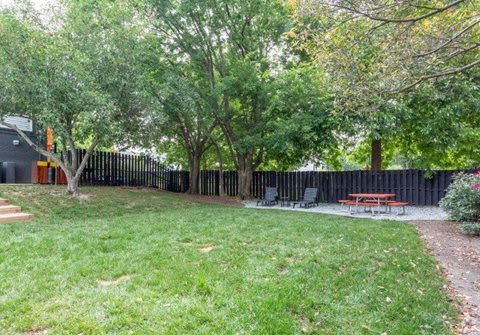 a backyard with trees and a fence and a picnic table at Capital Flats & Magnolia Square Apartments, North Carolina, 27601