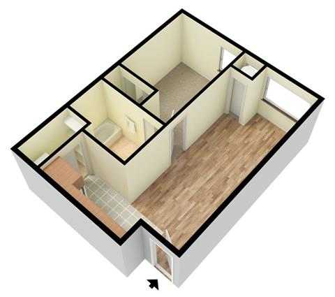 A 3D image of a house layout with a kitchen, living room, and two bedrooms.