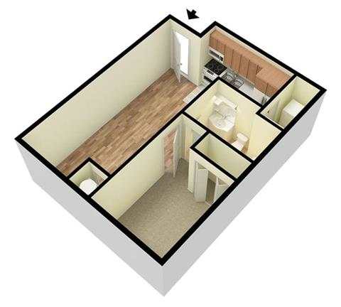 A drawing of a house layout with a kitchen, living room, and bathroom.