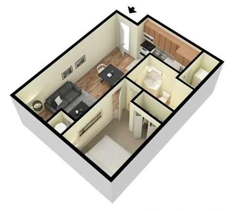 A 3D floor plan of a small apartment with a kitchen, living room, and bathroom.
