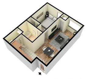 A 3D floor plan of a house with a kitchen, living room, and two bedrooms.