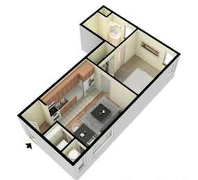 A 3D floor plan of a house with a kitchen, living room, and bathroom.