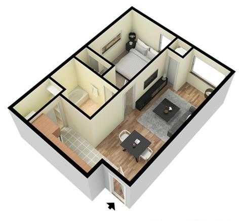 Floor Plan  A 3D floor plan of a house with a kitchen, living room, and two bedrooms.