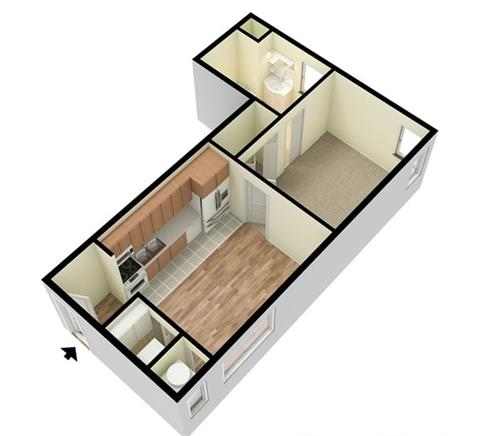 A 3D floor plan of a house with a kitchen, living room, and bathroom.