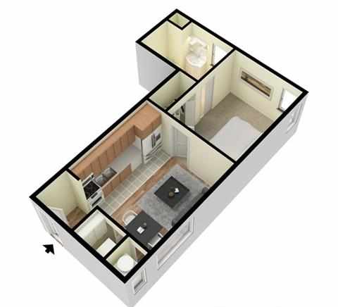 A 3D floor plan of a house with a kitchen, living room, and bathroom.
