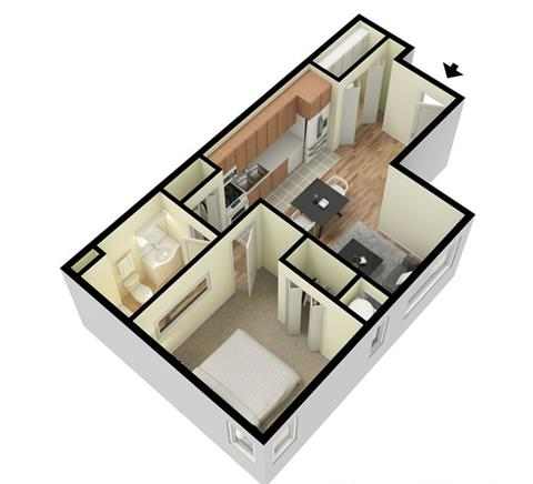 A 3D floor plan of a house with a kitchen, living room, and two bedrooms.