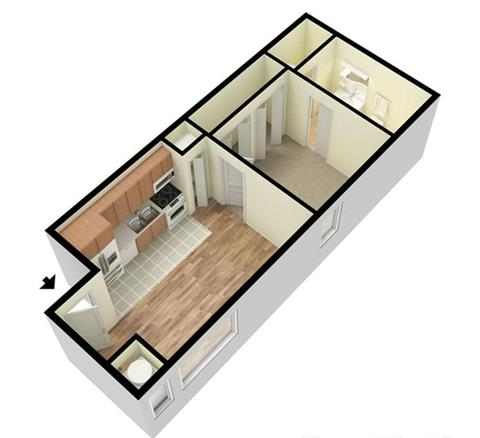 A 3D floor plan of a house with a kitchen, living room, and bathroom.