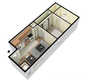 A 3D floor plan of a house with a kitchen, living room, and bathroom.